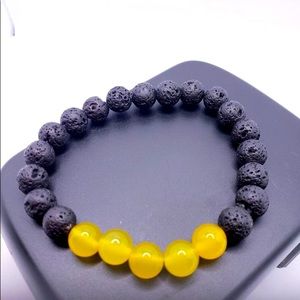 Yellow Agate & Lava Stone Bead Stretch Bracelet for Men or Women